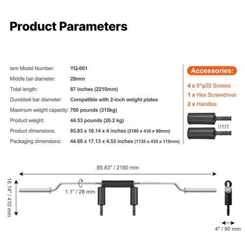 Safety Squat Bar – 700 lbs / 315 kg Capacity, Detachable